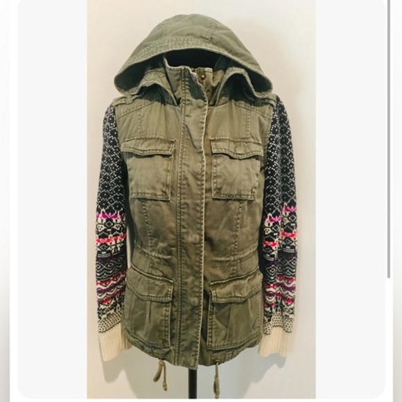 AEROPOSTALE Khaki Green Canvas Hood Jacket Fair Isle Knit Sleeves Pockets XS - Picture 2 of 5